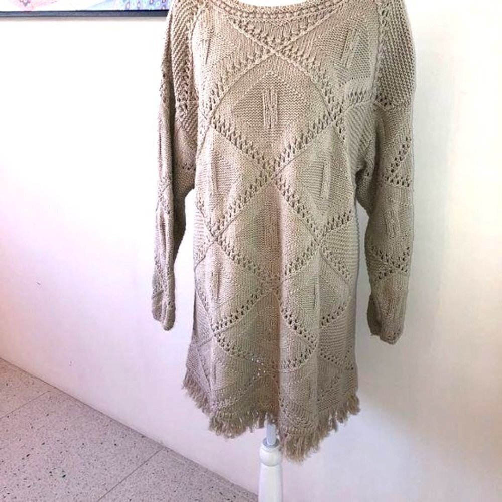 Yarnworks Handknit Dress Womens Size XL Tan Cotton Ramie Fringe Vintage Bohemian - Picture 10 of 10